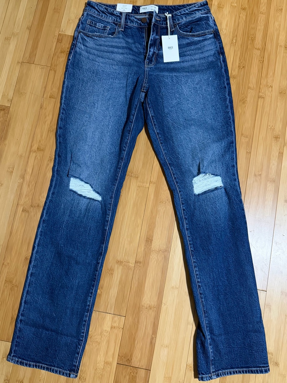 BKE Women’s Dark Blue Straight Leg Jeans with Knee Rips